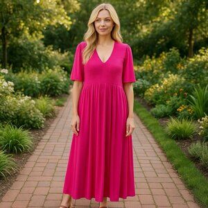 Boden Bethany Smocked Jersey Dress in Berry Pink Milk Maid Renaissance 14